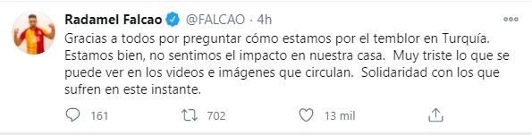 Falcao envió un mensaje de tranquilidad a sus seguidores, luego del terremoto en Turquía. Foto: Twitter Falcao.
