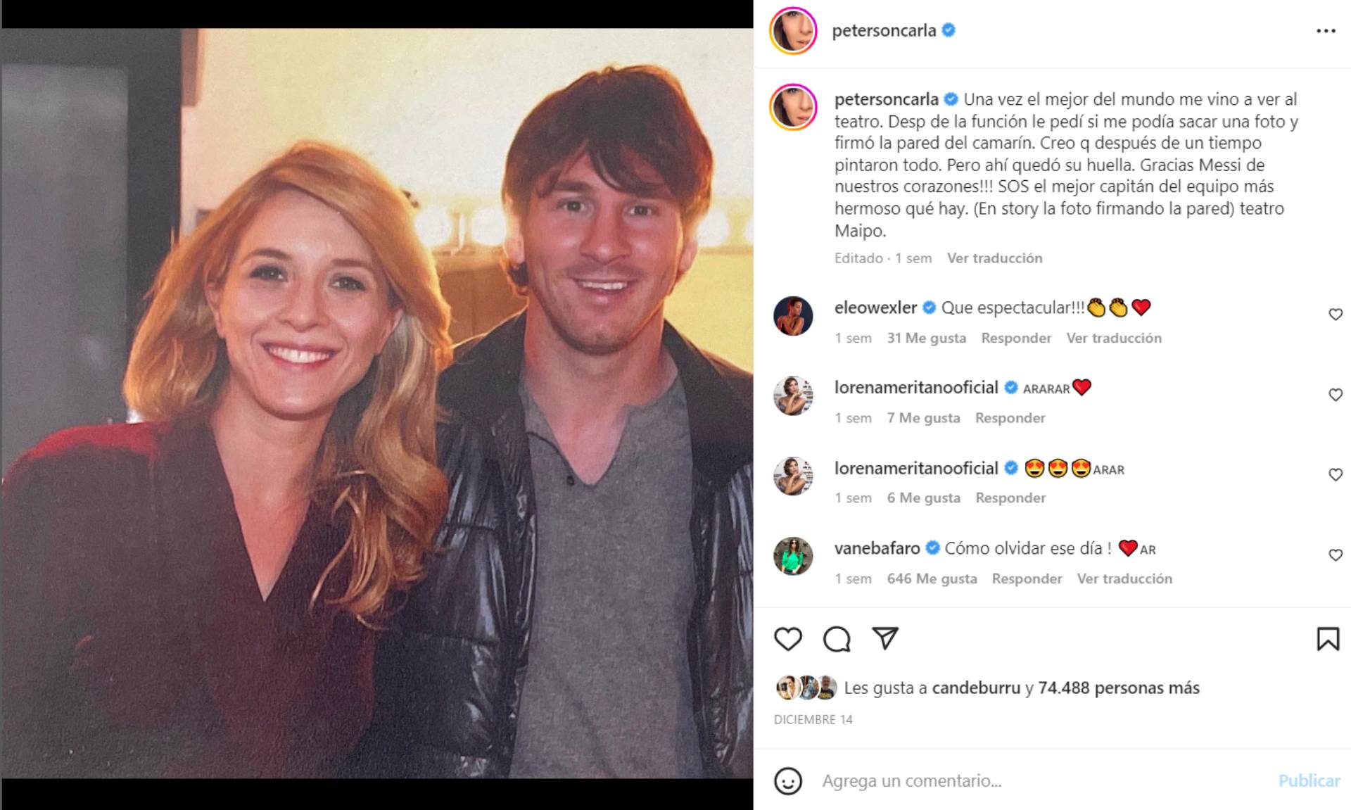 El posteo de Carla Peterson sobre su encuentro con Lionel Messi