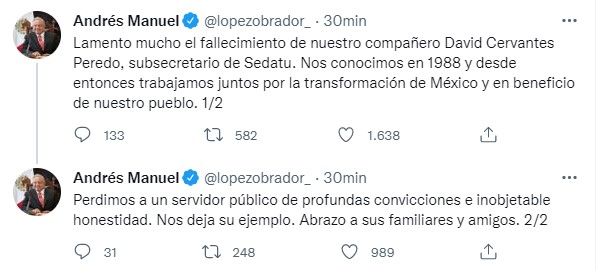 AMLO lamentó el fallecimiento de su colaborador, a quien calificó como un servidor público de “profundas convicciones”  (Foto: Twitter)