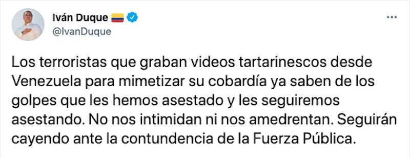 Respuesta de Duque a video de las disidencias de las Farc. Pantallazo.