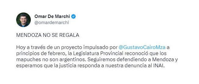 El diputado nacional Omar de Marchi utilizó las redes sociales para expresarse sobre la resolución de la Legislatura mendocina