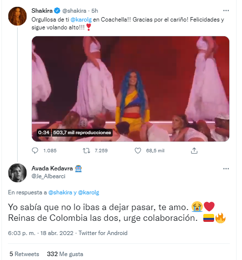 A través de un trino, Shakira agradeció el homenaje que le hizo Karol G en el festival Coachella
FOTO: Captura de pantalla de Twitter (@shakira)