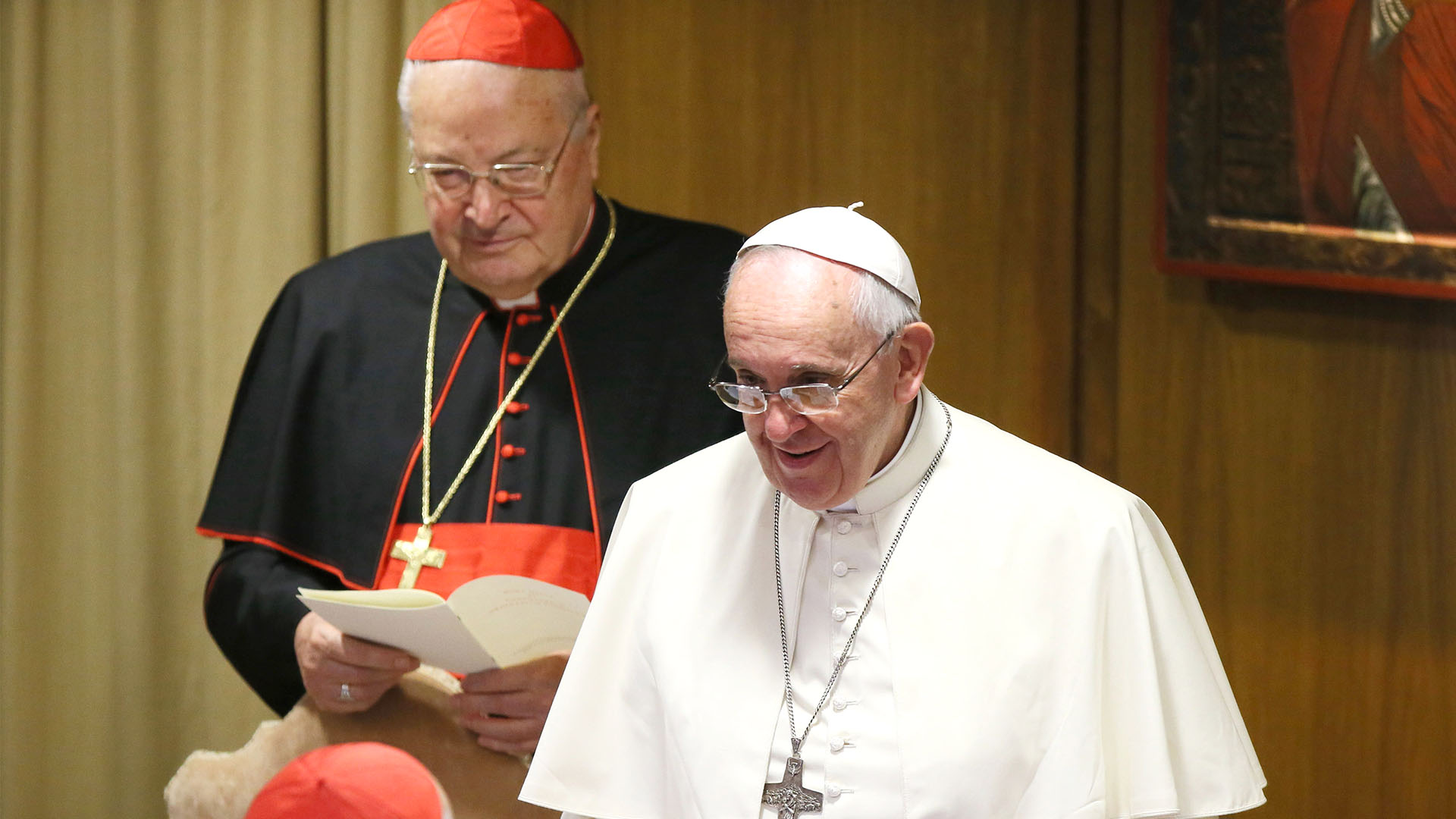 Pope Francis, former Vatican Secretary of State Cardinal Angelo Sodano, is attending the Episcopal Conference for the Ordinary General Assembly on October 20, 2014 in the Vatican.  (Photo by Franco Origlia / Getty Images)