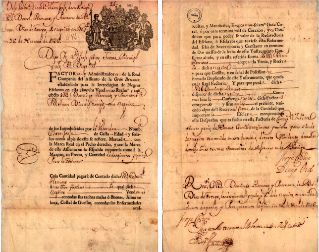 Contrato de venta de una niña negra esclava de 1736. Archivo General de la Nación.