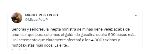 El congresista Miguel Polo Polo calificó a Irene Vélez como “inepta”. @MiguelPoloP/Twitter.