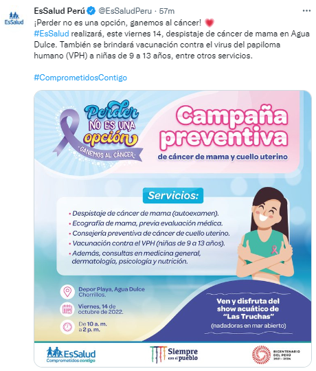 Essalud Organiza Campaña De Despistaje De Cáncer De Mama En La Playa Agua Dulce Este Viernes