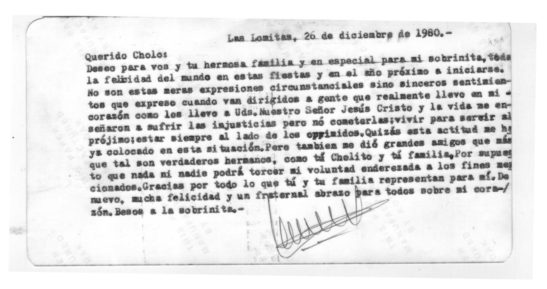 Telegrama enviado por Menem a Cholito, Las Lomitas, 1980