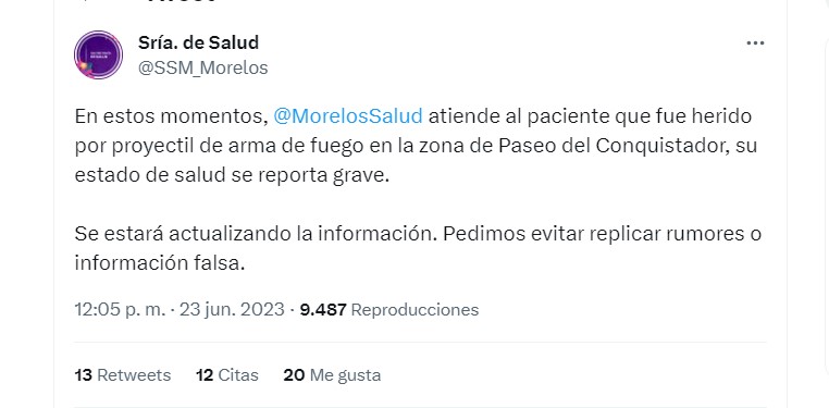 La Secretaría de Salud del estado de Morelos brindó detalles sobre el estado de salud del exdiputado (Captura de pantalla)
