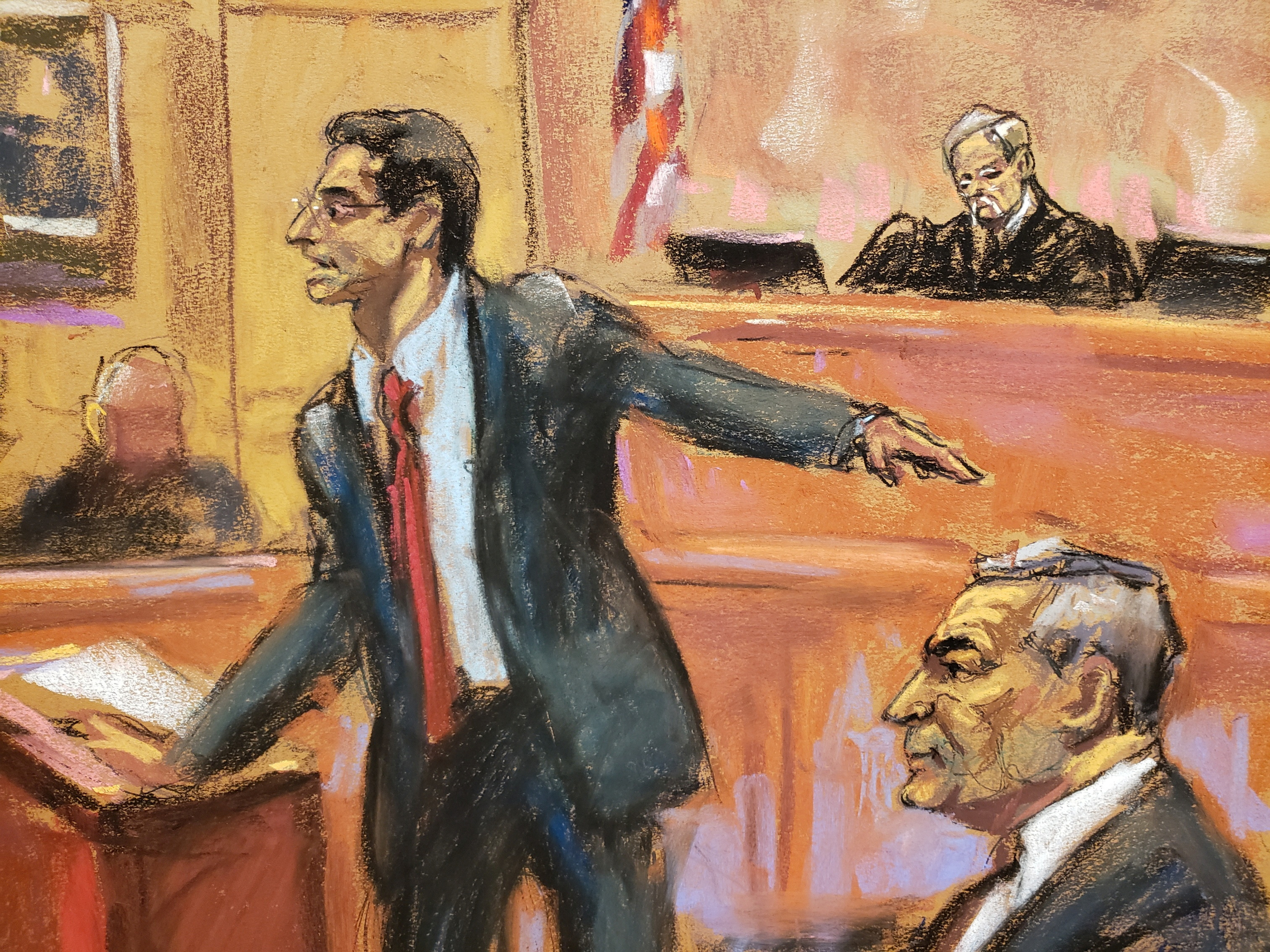 Prosecutor Philip Pilmar points at Mexico's former Public Security Minister Genaro Garcia Luna during opening arguments in Garcia Luna's trial on charges that he accepted millions of dollars to protect the powerful Sinaloa Cartel, once run by imprisoned drug lord Joaquin "El Chapo" Guzman, at a courthouse in New York City, U.S., January 23, 2023 in this courtroom sketch. REUTERS/Jane Rosenberg