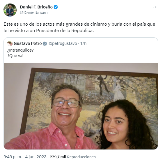 Briceño señala que el tuit de Gustavo Petro es "uno de los actos más grandes de cinismo y burla". Twitter/@Danielbricen.