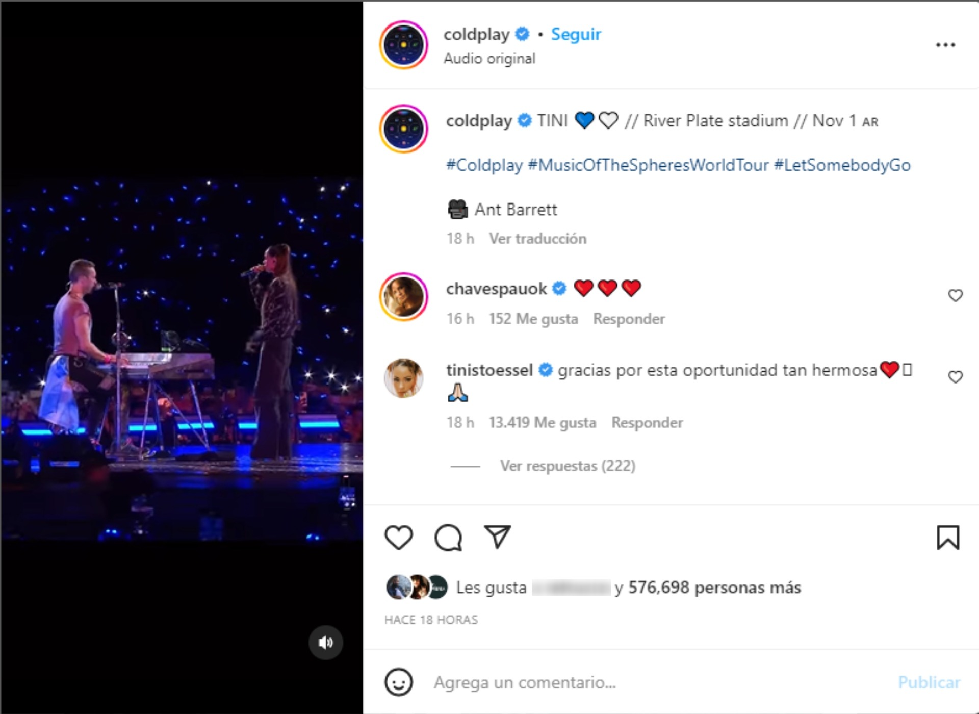 El posteo de Coldplay junto a Tini Stoessel al que Sebastián Yatra le sumó su "me gusta"