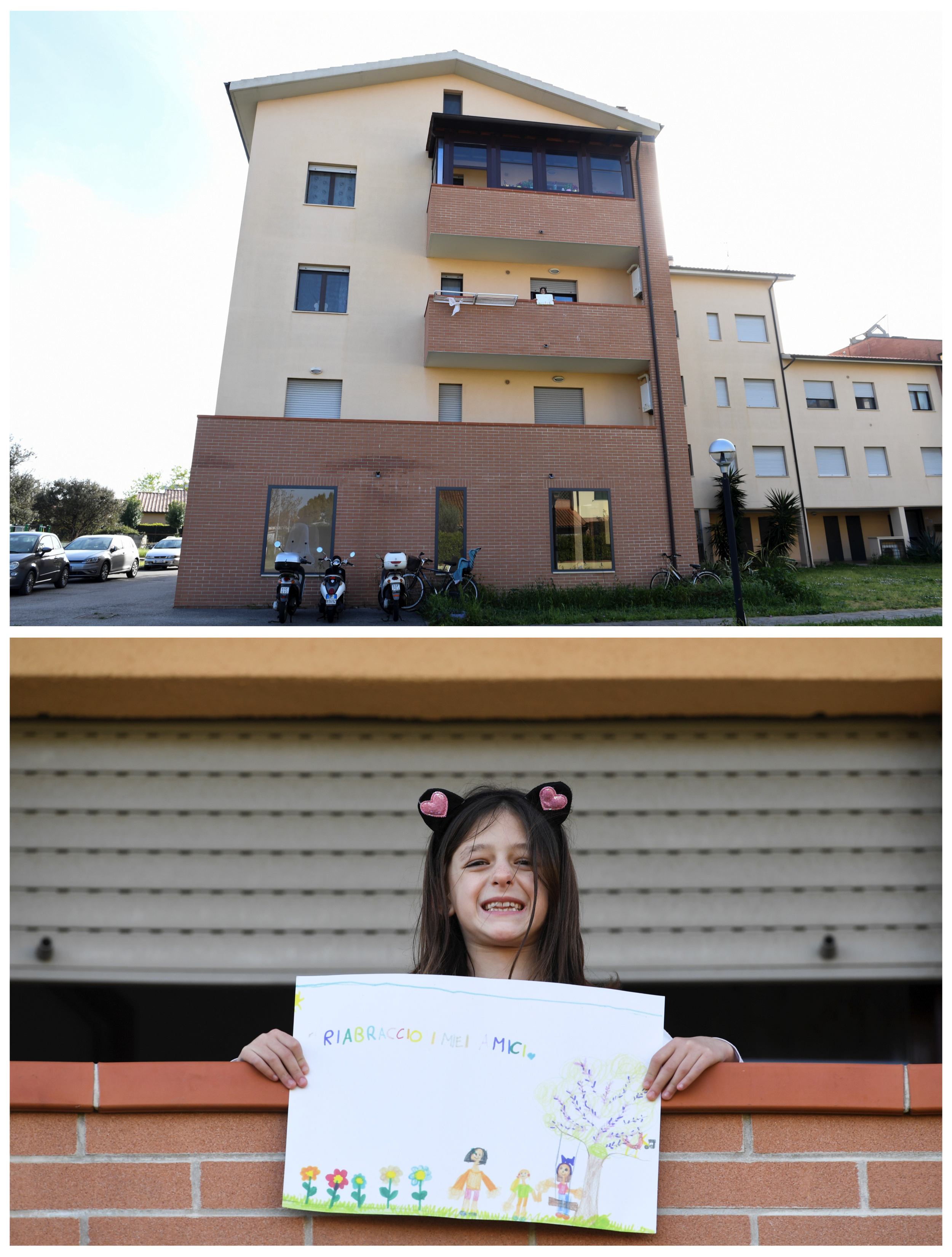 Arianna Sorresina, 7, posando para una foto mientras sostiene un dibujo en el balcón de su casa en Castiglione della Pescaia, Grosseto, Italia, el 17 de abril de 2020. Arianna, que se dibujó a sí misma pasando el rato afuera con sus amigas, dijo que el aislamiento la hace sentir muy mal. REUTERS/Jennifer Lorenzini