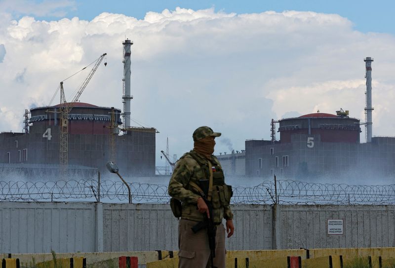 FOTO DE ARCHIVO: Militar con una bandera rusa en su uniforme monta guardia cerca de la central nuclear de Zaporizhzhia