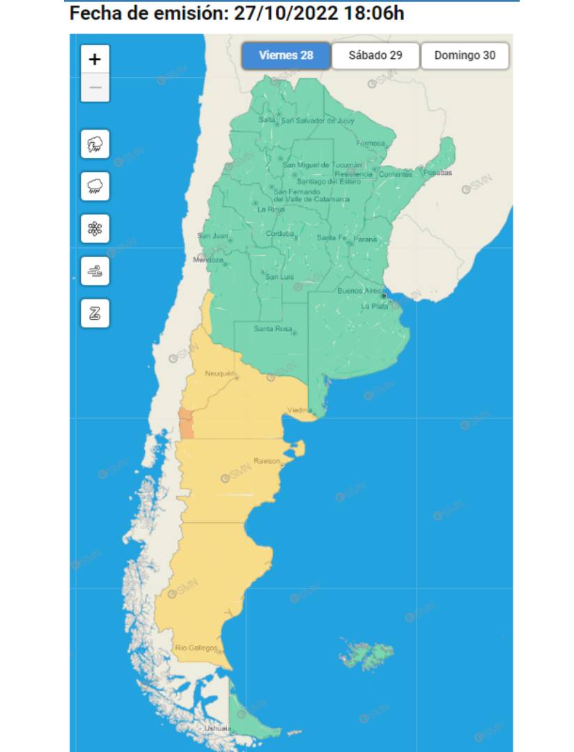 Al frío se suma un alerta amarillo por vientos en la Patagonia (Servicio Meteorológico Nacional)