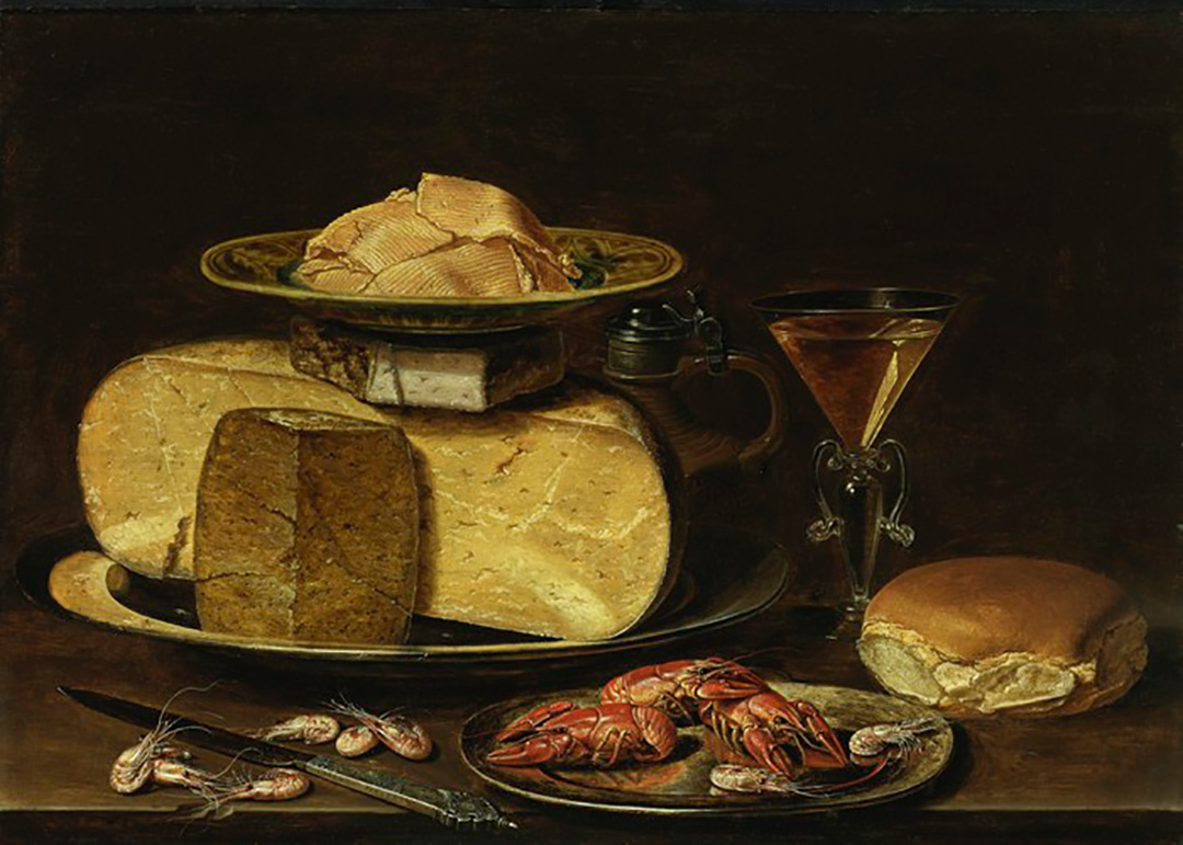 Bodegón con quesos, copas venecianas y cangrejo, de Clara Peeters.