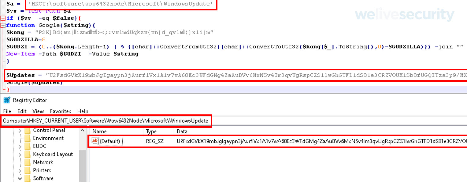 Código malicioso almacenado en los registros de Windows. (foto: ESET)