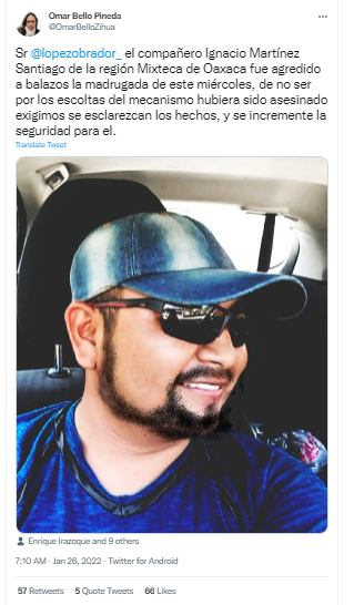 El periodista y defensor de derechos humanos, Omar Bello, aseguró que “de no ser por los escoltas del mecanismo" José Ignacio habría sido asesinado. (Foto: Twitter/@OmarBelloZihua)