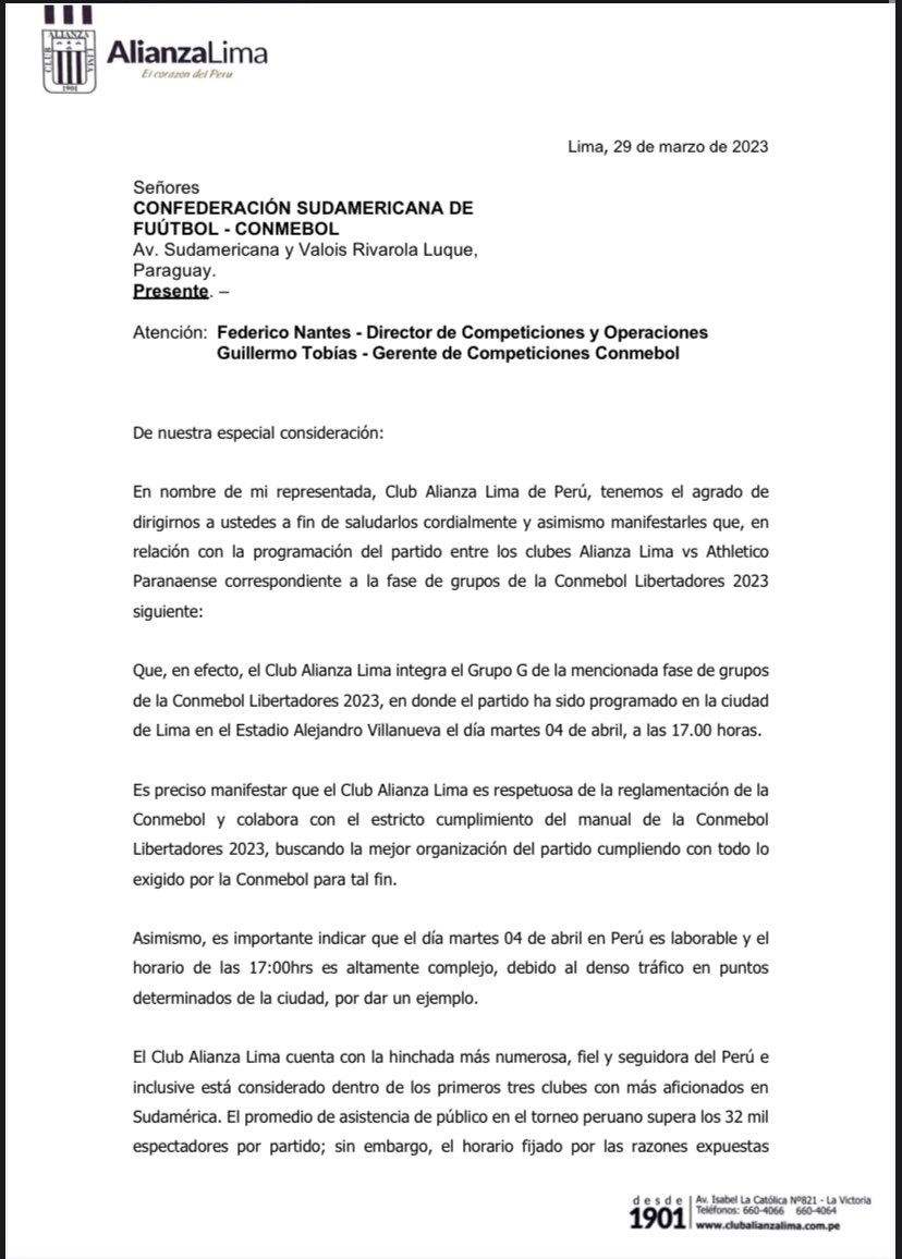 Carta de Alianza Lima que le envió a la Conmebol.