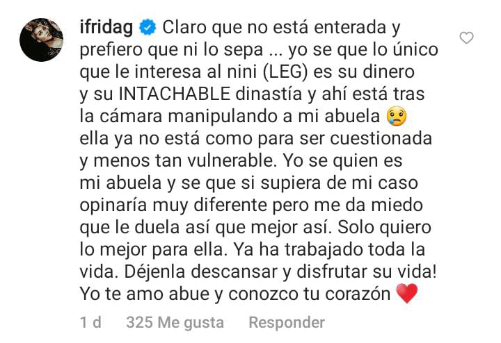 Frida Sofía respondió a Shanik Berman y coincide en que Silvia Pinal no está enterada de las acusaciones en contra de Enrique Guzmán. (Captura de pantalla @shanikberman / Instagram)