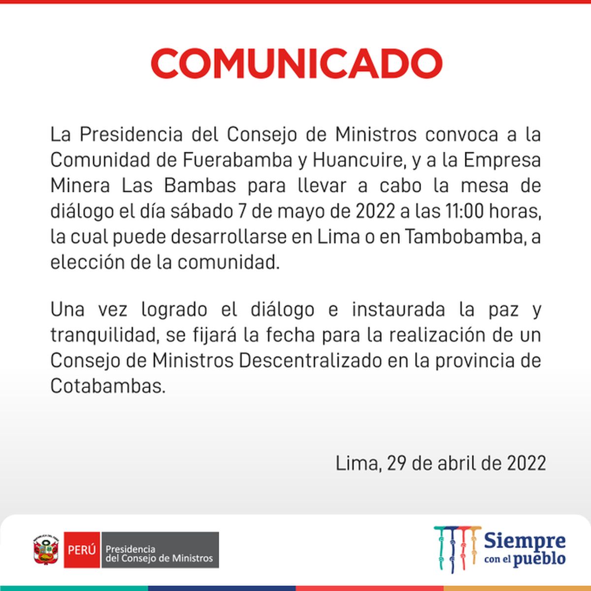 Comunicado de la PCM sobre conflicto de Las Bambas.