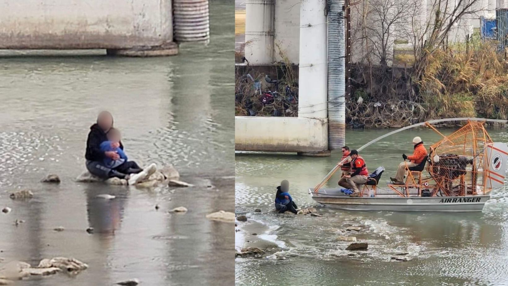 Una mujer mayor de edad y un niño de 5 años originarios de Ecuador fueron rescatados de las gélidas aguas del Río Bravo.
(@SEGOB_mx)