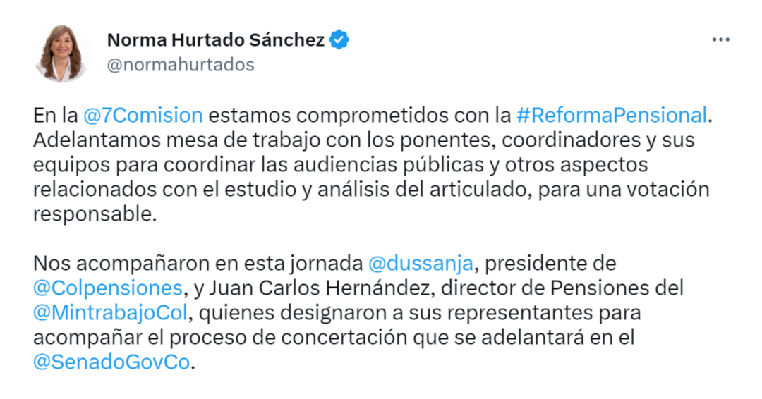 Las senadora Norma Hurtado confirmó que la Comisión Séptima del Senado se encuentra adelantando la mesa de trabajo con los ponentes y coordinadores de la reforma pensional. Crédito: @normahurtados / Twitter