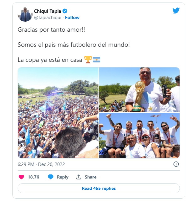 El mensaje del Chiqui Tapia tras la gran bienvenida que le regaló el pueblo argentino en la caravana