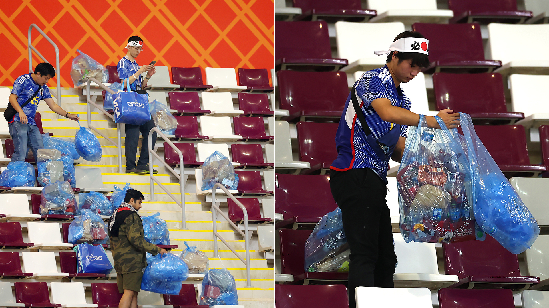 Japanese fans cleaning the stands of the stadium after the match between their team and Germany.  The carbon footprint left by this World Cup is unprecedented.  (FIFA World Cup Qatar 2022)