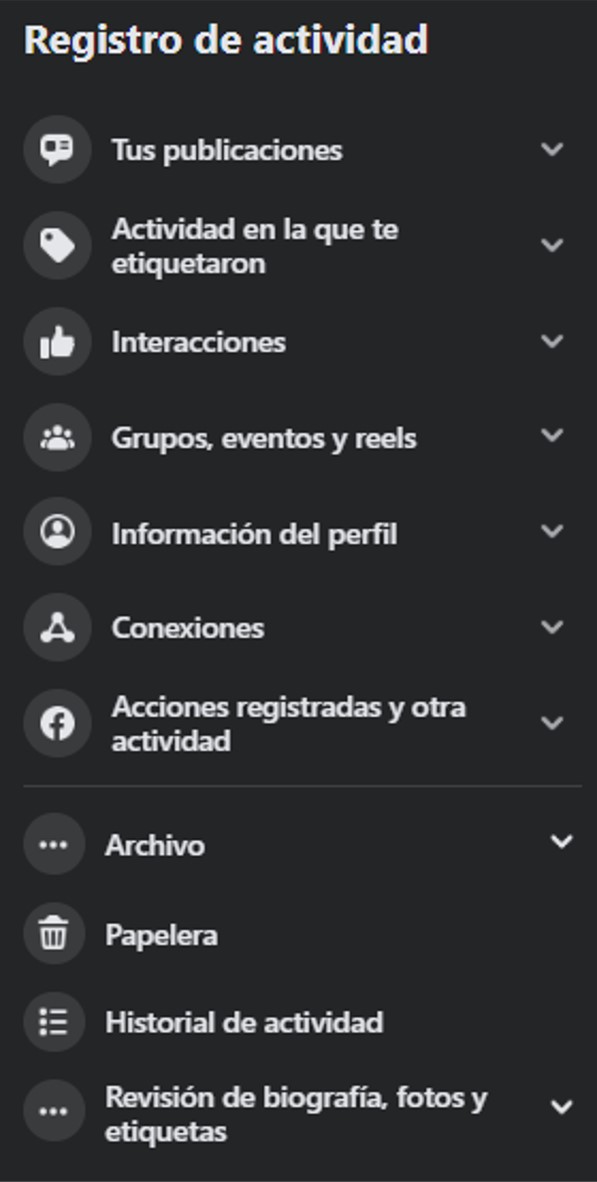 Opciones de selección de contenido en el Registro de actividad en Facebook. (Infobae)