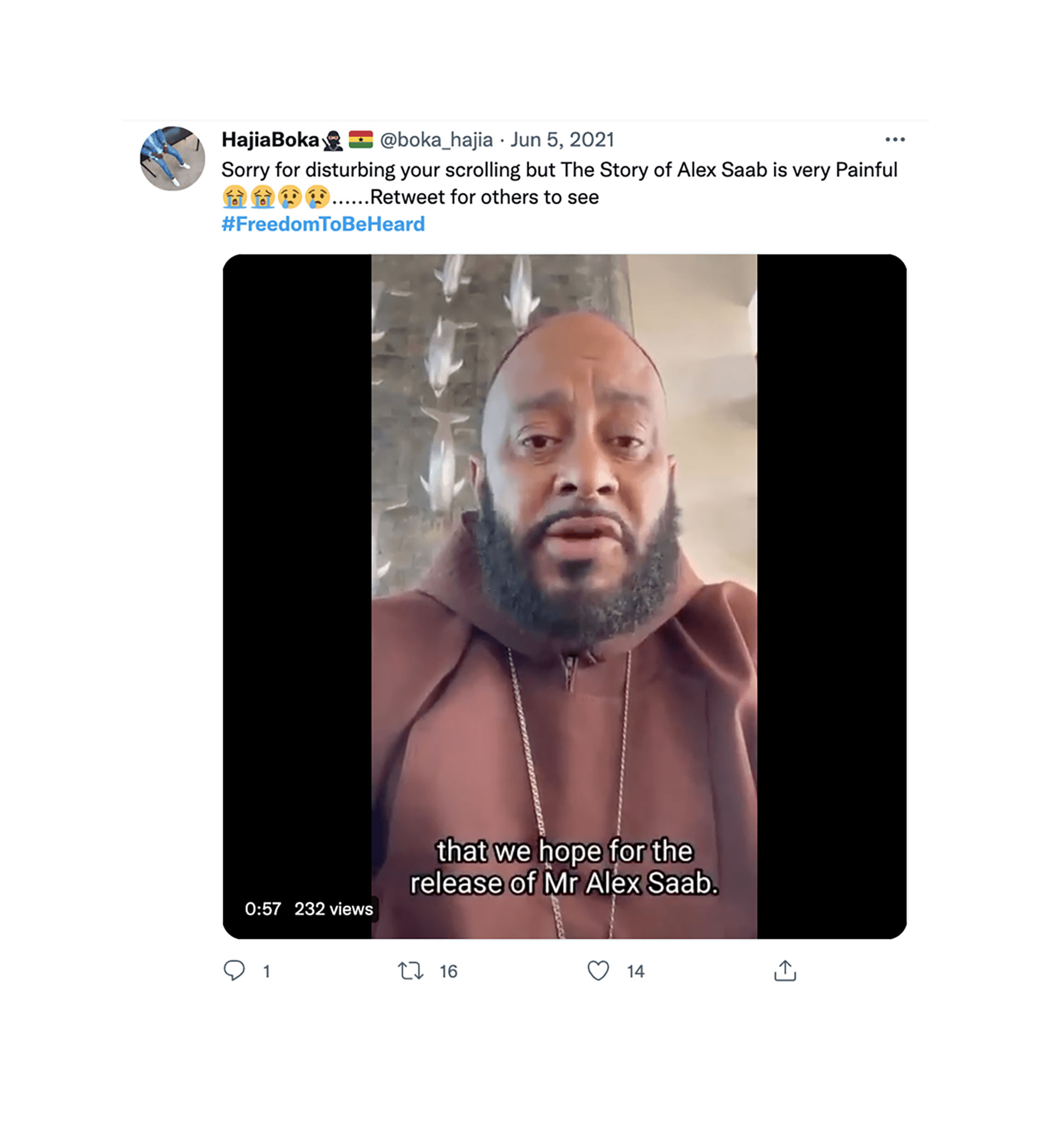 Captura de pantalla de una publicación en las redes sociales de un probable participante en la operación de influencia de Ghana que anima al gobierno de Cabo Verde a liberar a Alex Saab, utilizando el hashtag #FreedomToBeHeard previamente identificado  (Recorded Future)