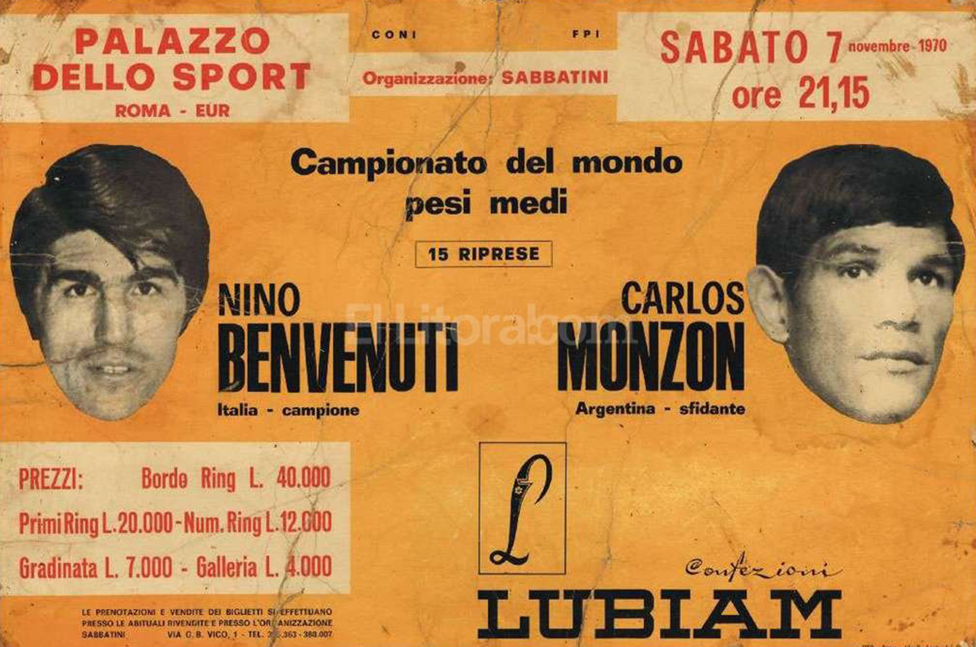 Ticket de la pelea que consagró a Monzón en Italia. A partir de allí todo cambió , no solo por el dinero que comenzó a ganar en las próximas veladas
