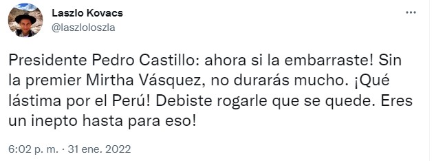 Lazslo Kóvacs criticó a Pedro Castillo. (Twitter)