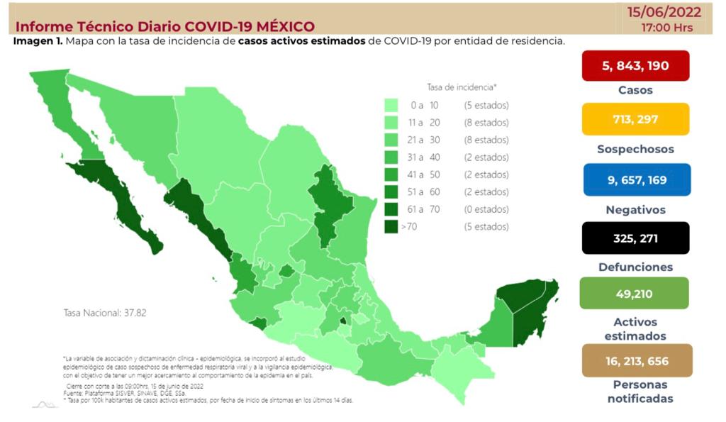 La estadística de contagios y muertes por Covid-19 en México al 15 de junio de 2022 (Foto: SSa)
