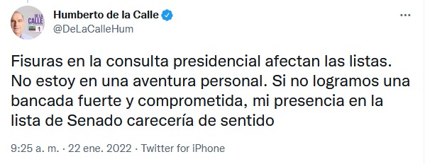 Mensaje de Humberto de la Calle en Twitter.