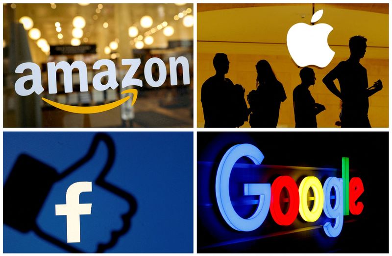 Logos de Amazon, Apple, Facebook y Google, cuatro colosos tecnológicos que componen el Top 100 junto a Mercado Libre