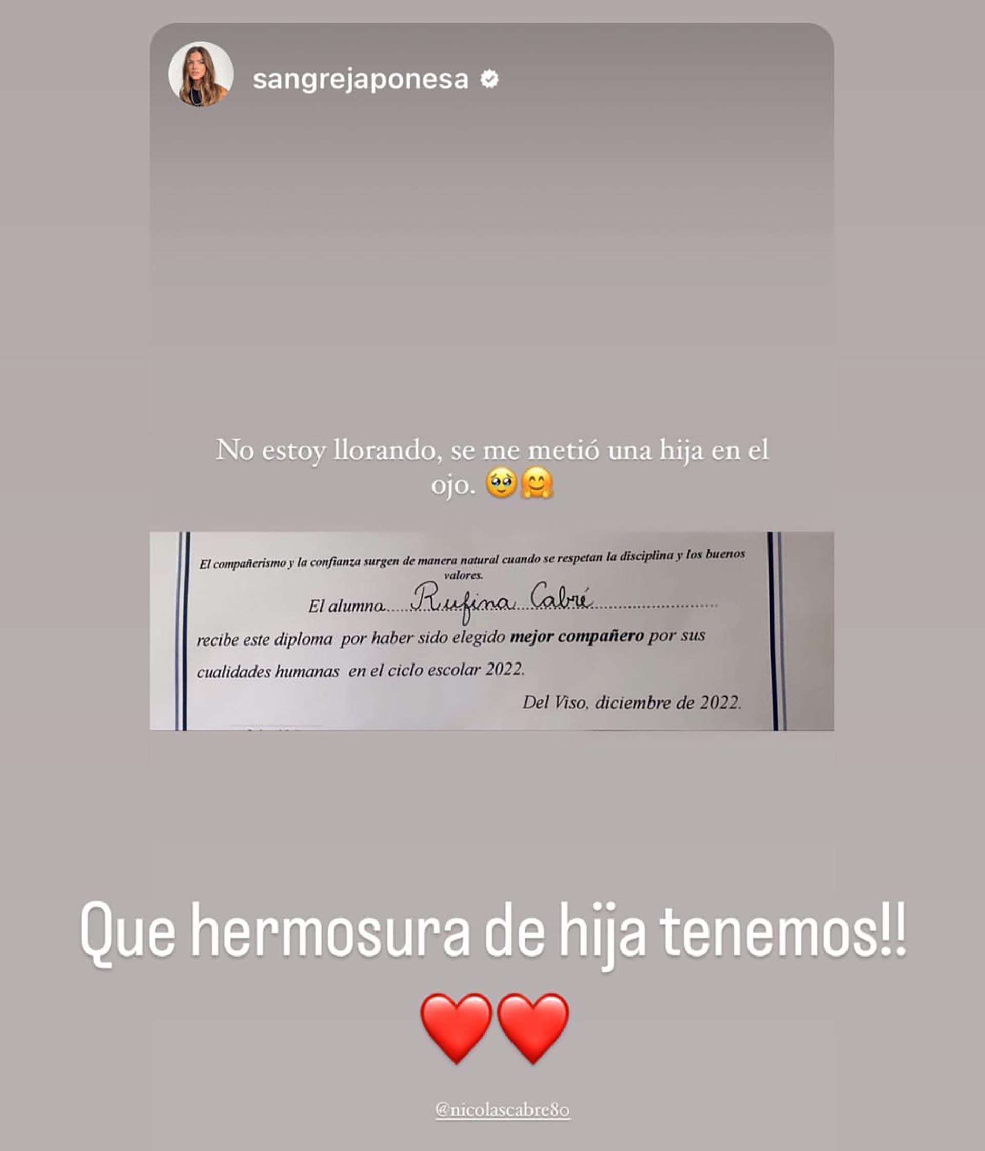 La China Suárez compartió el diploma que le entregaron a Rufina y Nicolás Cabré sumó su felicitación (Foto: Instagram)