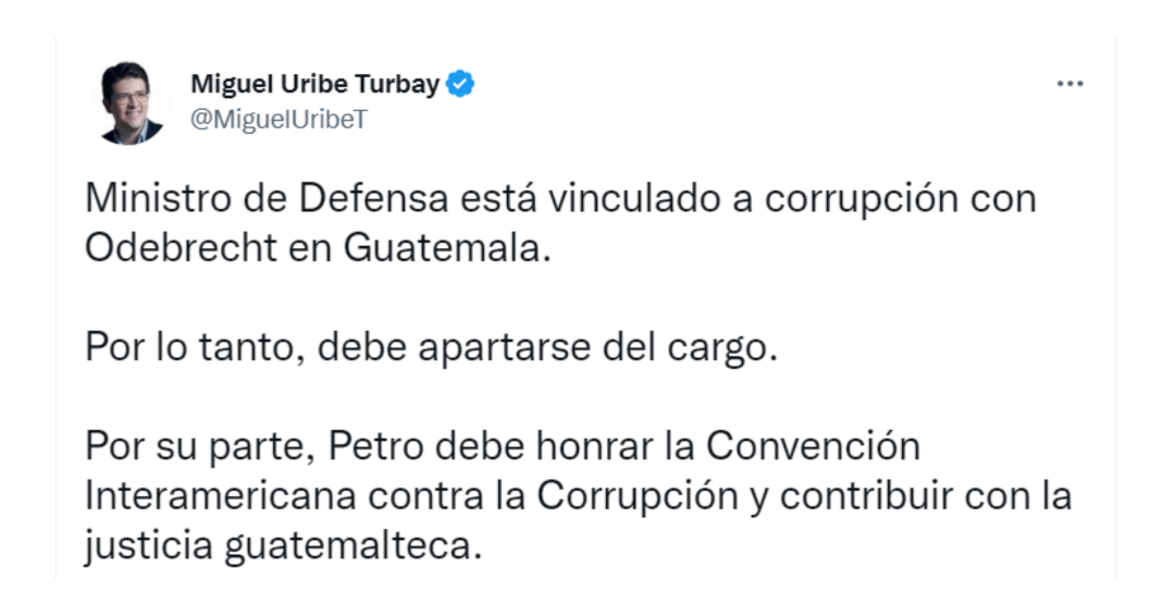 Según la Fiscalía del país Centroamericano, el actual ministro de Defensa habría participado en un plan para robar 384 millones de dólares. Crédito: @MiguelUribeT / Twitter