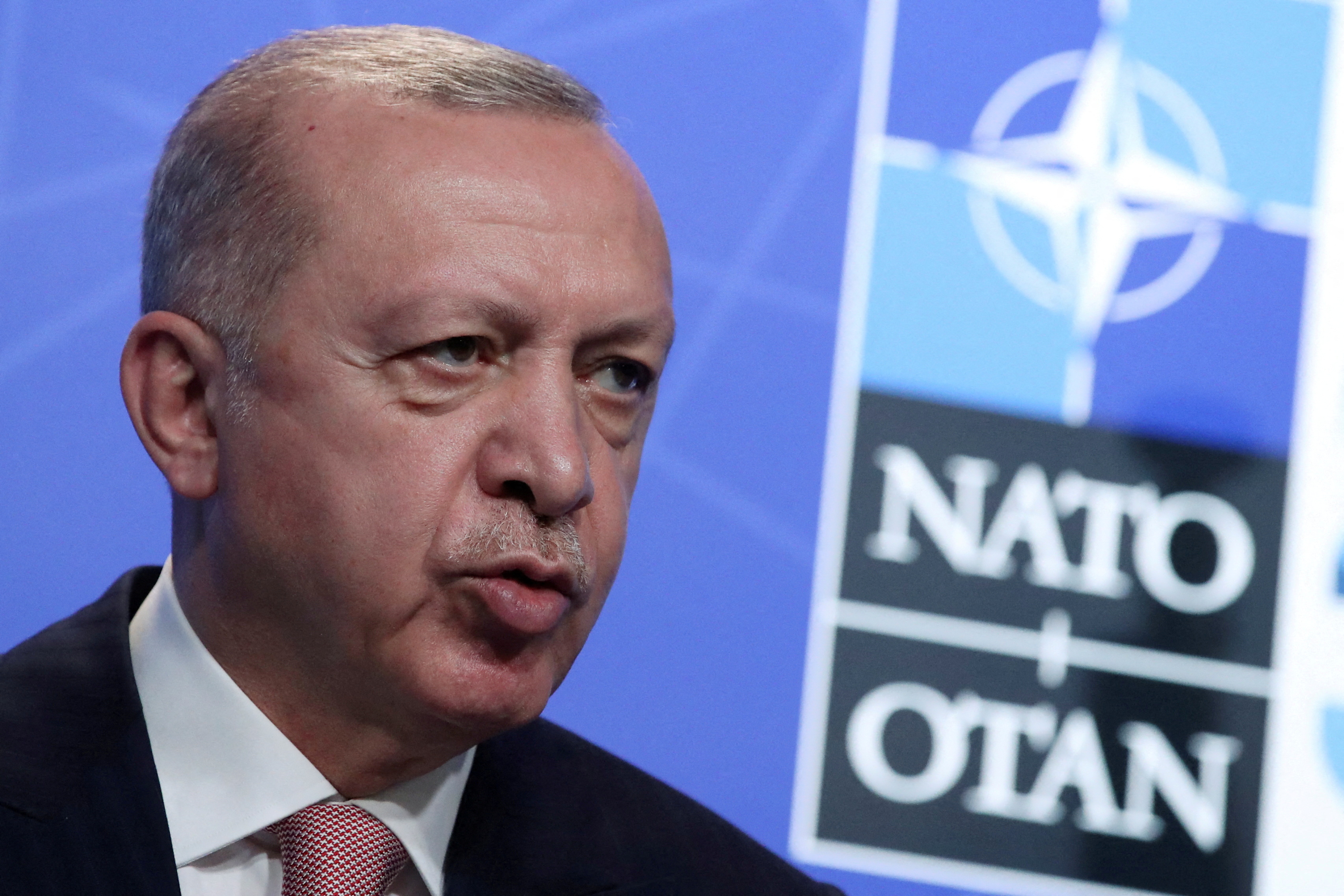 FILE PHOTO: Turkey's President Tayyip Erdogan holds a news conference during the NATO summit at the Alliance's headquarters in Brussels, Belgium June 14, 2021. REUTERS/Yves Herman/Pool/File Photo
