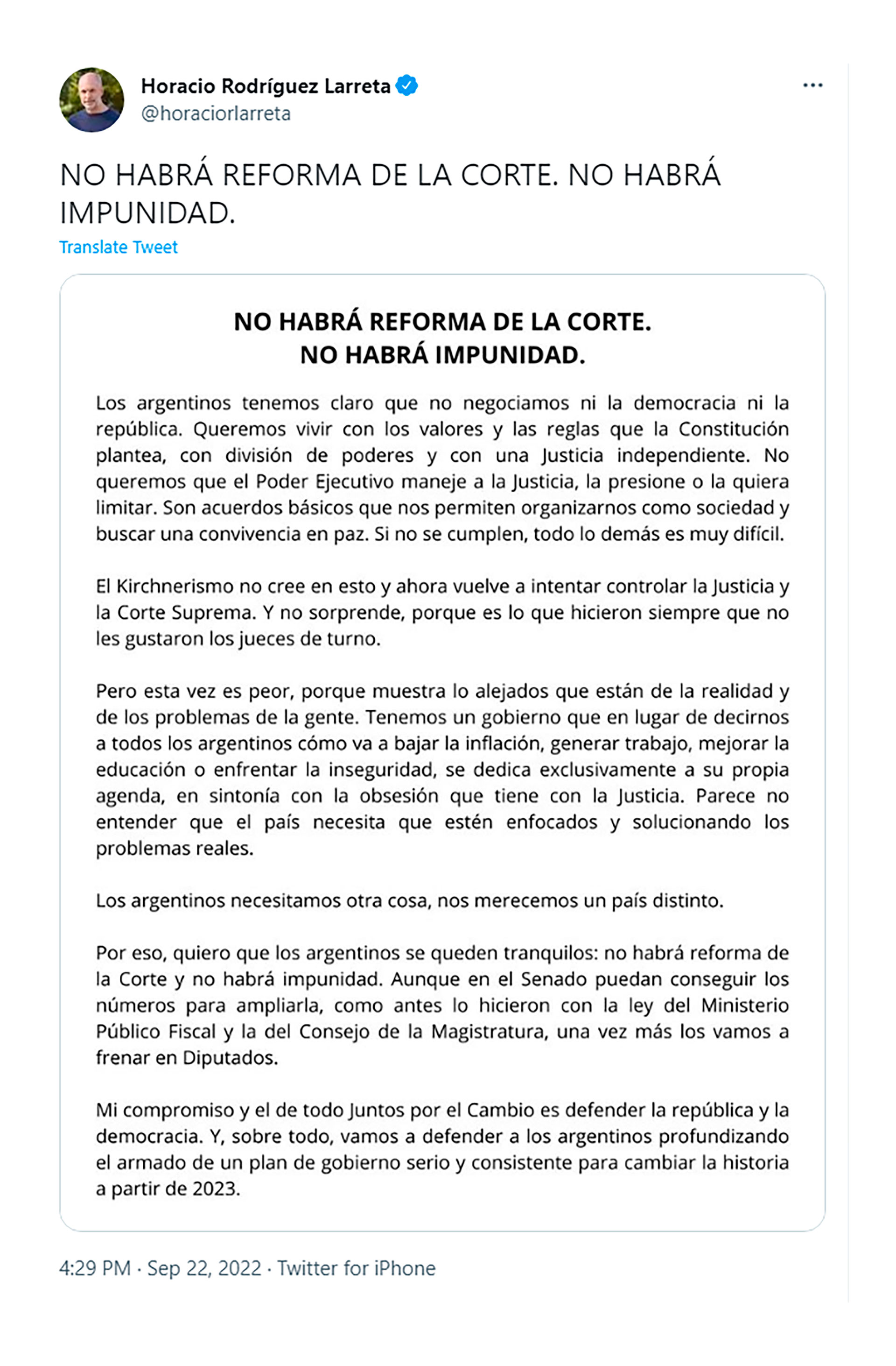 El comunicado completo de Rodríguez Larreta contra la ampliación de la Corte 