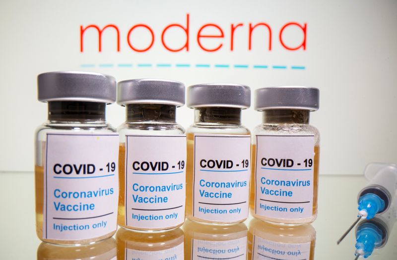 FOTO DE ARCHIVO: Frascos con una pegatina que dice "COVID-19 / Vacuna contra el Coronavirus / Sólo inyección" frente al logo de Moderna en esta ilustración tomada el 31 de octubre de 2020. REUTERS/Dado Ruvic/Ilustración