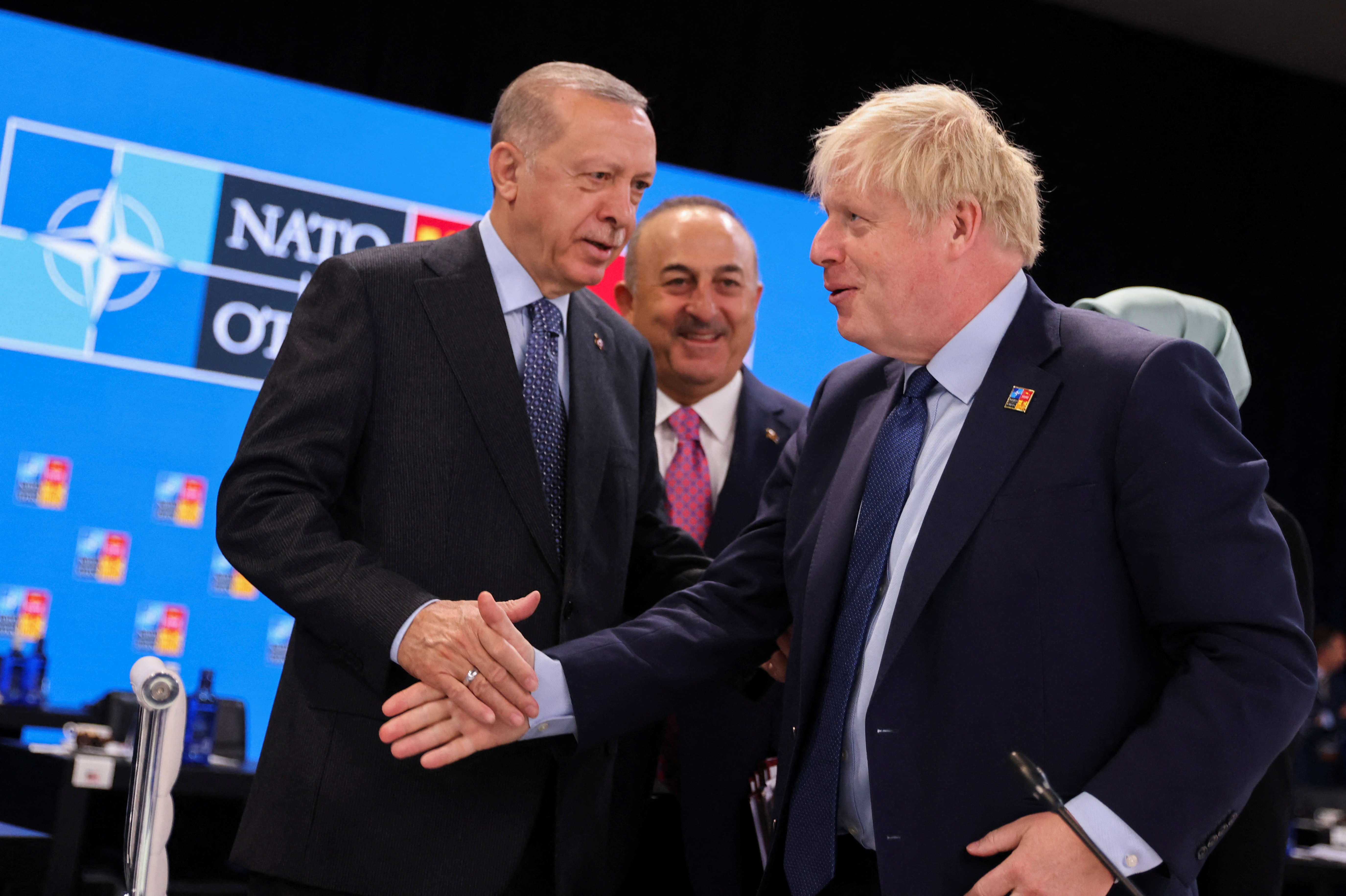 El presidente de Turquía, Recep Tayyip Erdogan, y el primer ministro británico, Boris Johnson, asisten a una cumbre de la OTAN en Madrid, España, el 30 de junio de 2022. REUTERS/Nacho Doce
