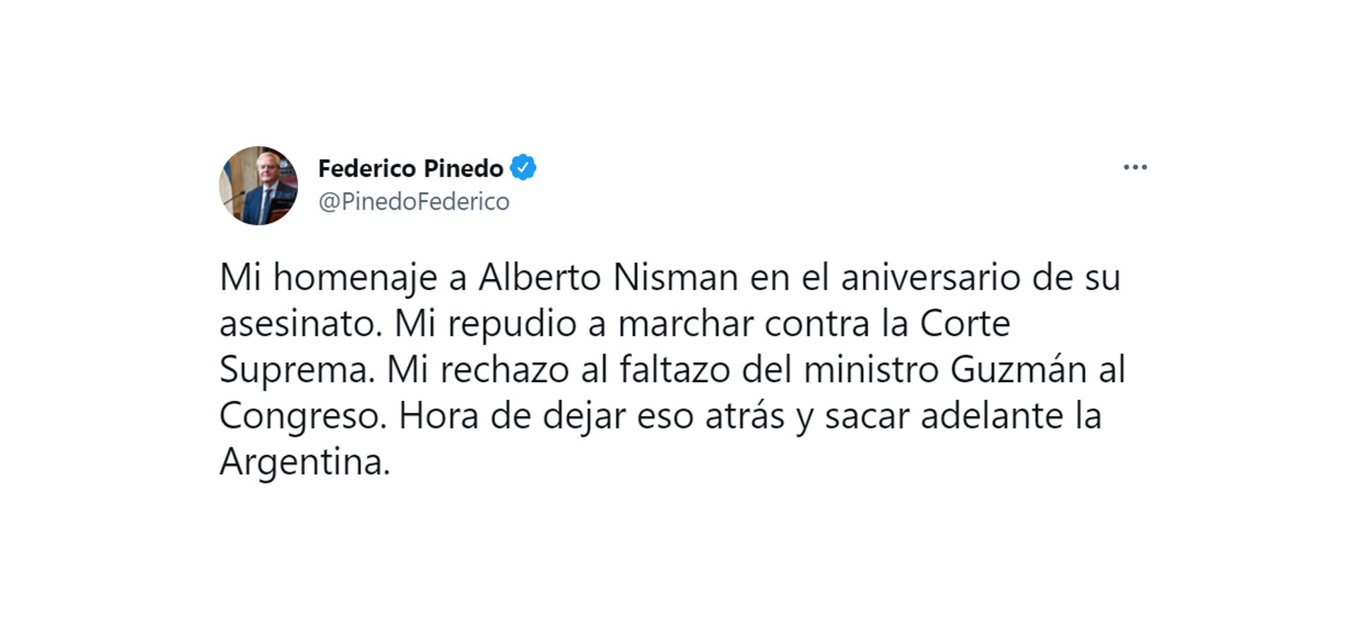 Tuit del ex presidente del Senado, Federico Pinedo