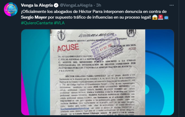 La denuncia de Héctor Parra contra Sergio Mayer fue mostrada en Venga la Alegría (Foto: Twitter/ @VengaLaAlegria)