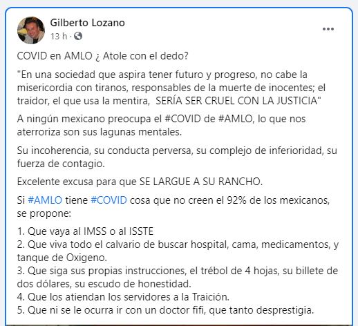 Gilberto Lozano desestimó el diagnóstico positivo de AMLO respecto al COVID-19 (Foto: Facebook / Gilberto Lozano)