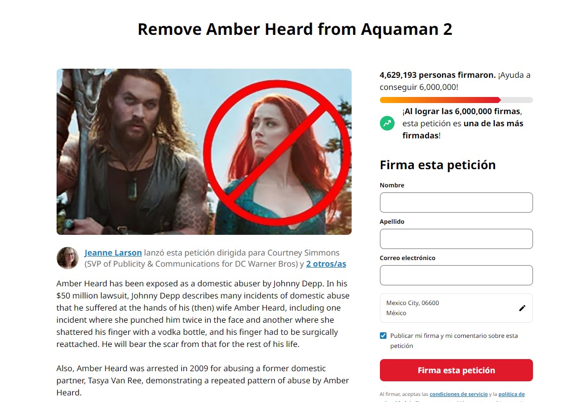 Más de 4 millones de personas han apoyado la petición para que Amber Heard no aparezca en Aquaman 2. 
Foto: change.org