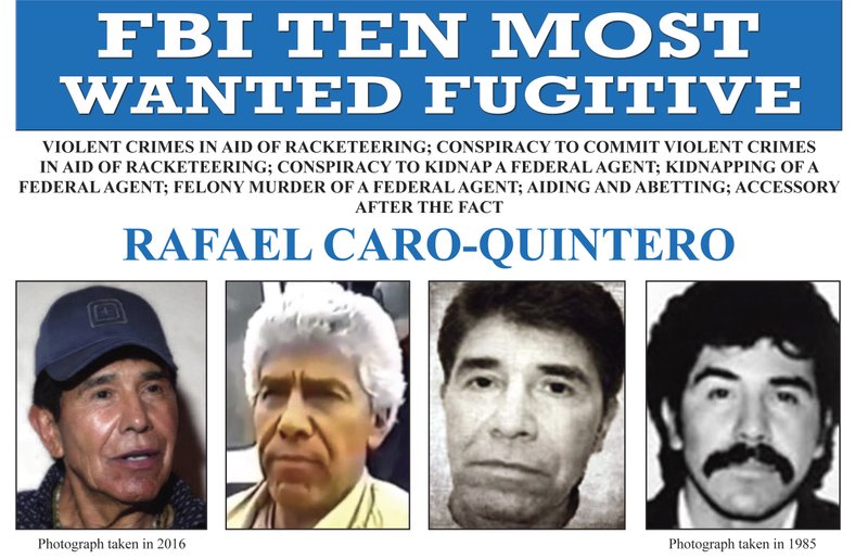 Esta imagen publicada por el FBI muestra el aviso de búsqueda del capo mexicano Rafael Caro Quintero, acusado de asesinar al agente de la DEA Enrique Camarena en 1985. (FBI vía AP, Archivo)