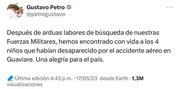 Gustavo Petro eliminó el trino en el que informó que los niños accidentados en el Guaviare habían sido rescatados