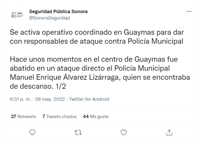 Con el asesinato de Manuel Enrique suman 10 policías abatidos en lo que va de este 2022 en Sonora (Foto: Twitter@SonoraSeguridad)