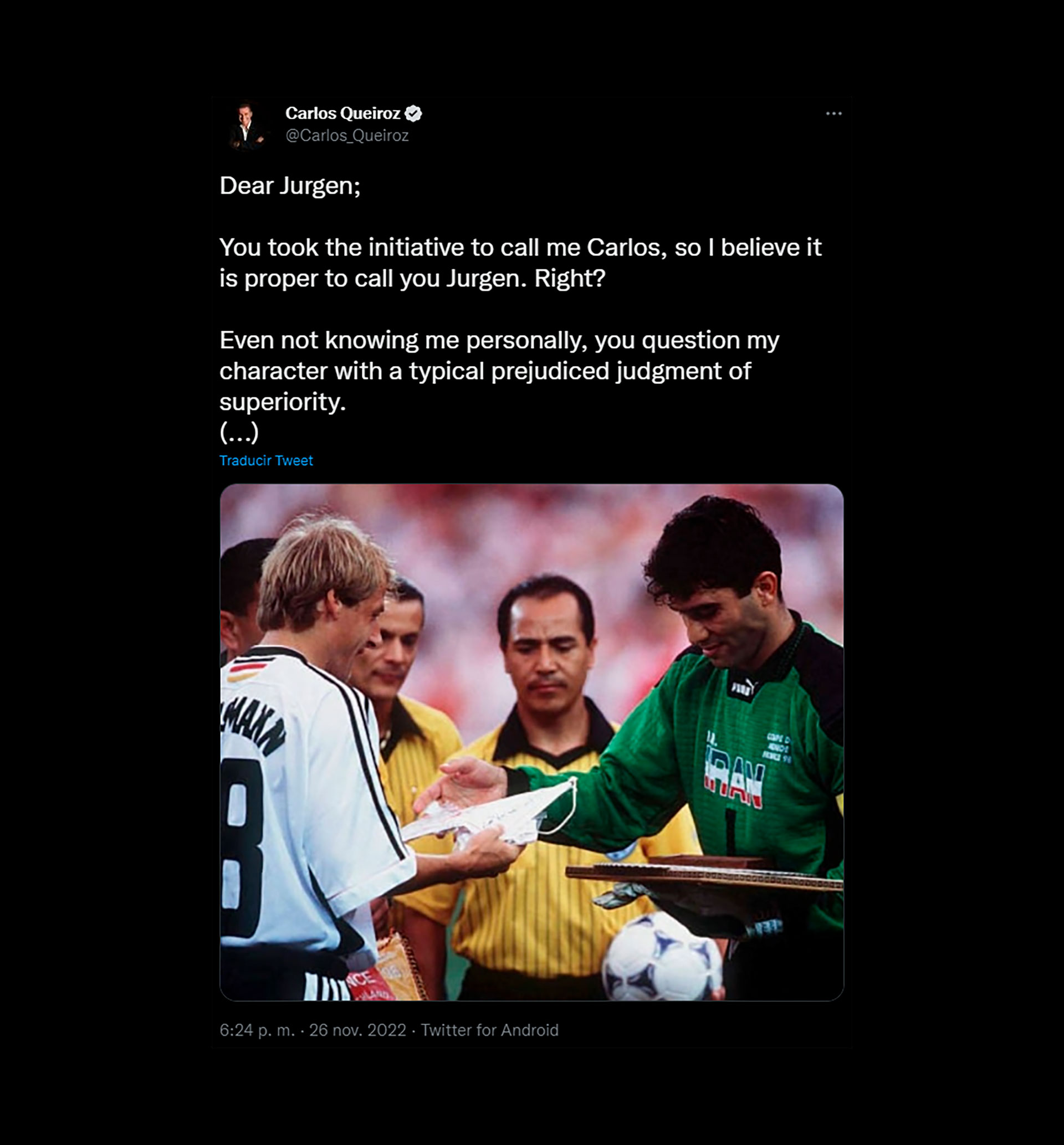 El posteo de Queiroz que recuerda el duelo entre Alemania e Irán en Francia 1998