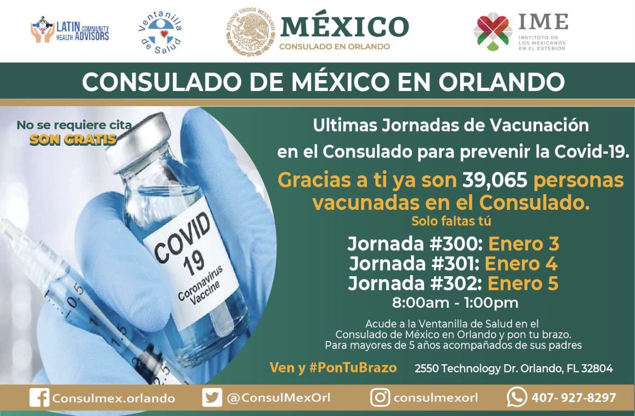 El Consulado de México en Orlando compartió la información sobre las últimas Jornadas de Vacunación en donde se inoculará a mayores de cinco años que asistan acompañados de sus padres. (Imagen: Twitter/ @ConsulMexOrl)